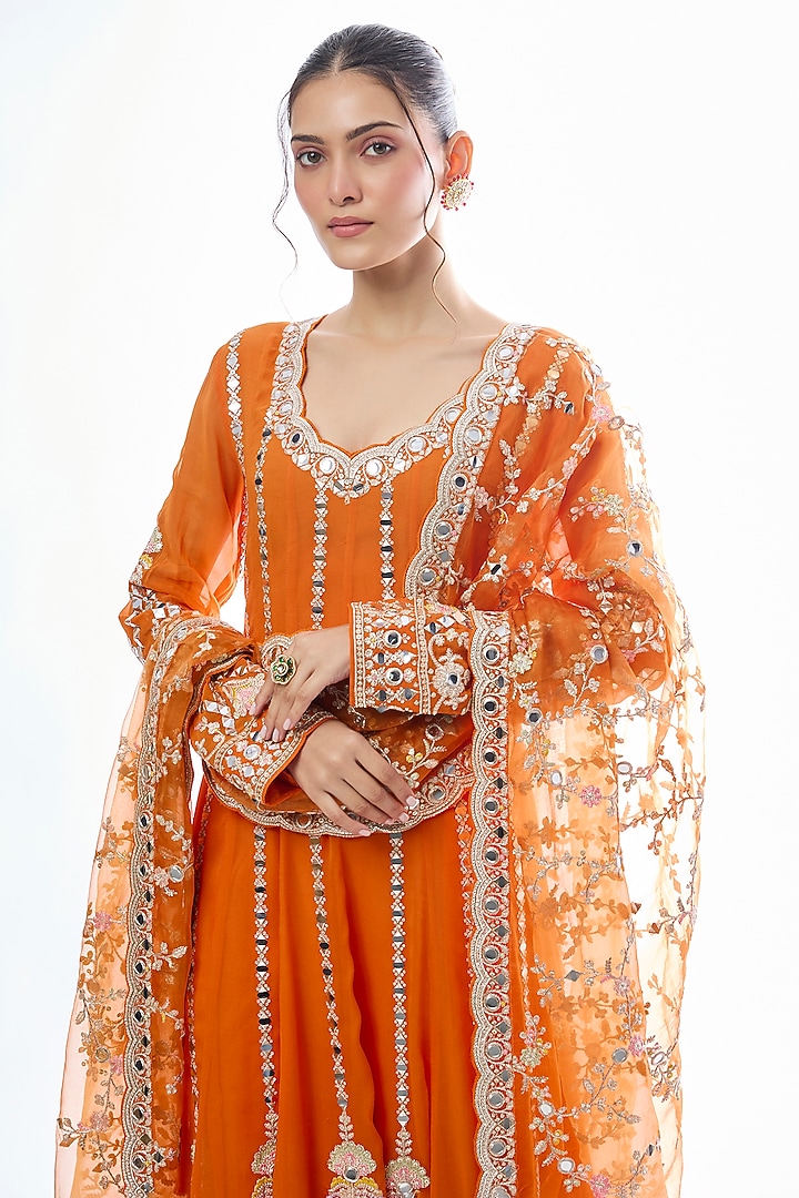 Orange Georgette Mirror Embroidered Wedding Anarkali Set by GOPI VAID at Pernia's Pop Up Shop