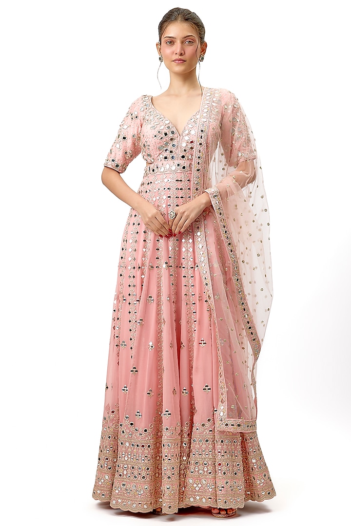 Pink Tussar Mirror Hand Embellished Bridal Anarkali Set by Gopi Vaid at Pernia's Pop Up Shop