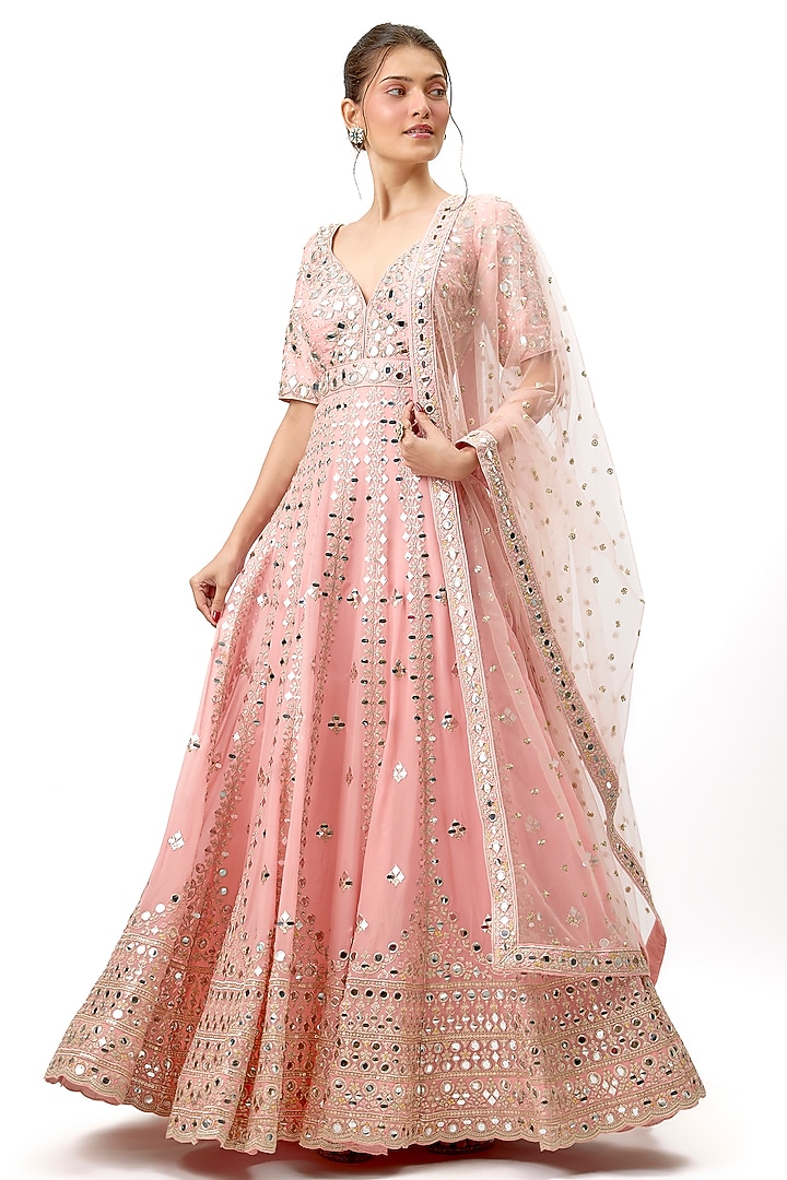 Pink Tussar Mirror Hand Embellished Bridal Anarkali Set by Gopi Vaid at Pernia's Pop Up Shop