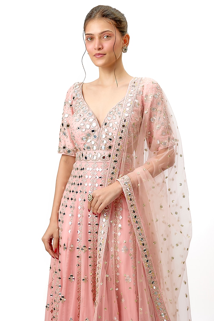 Pink Tussar Mirror Hand Embellished Bridal Anarkali Set by Gopi Vaid at Pernia's Pop Up Shop