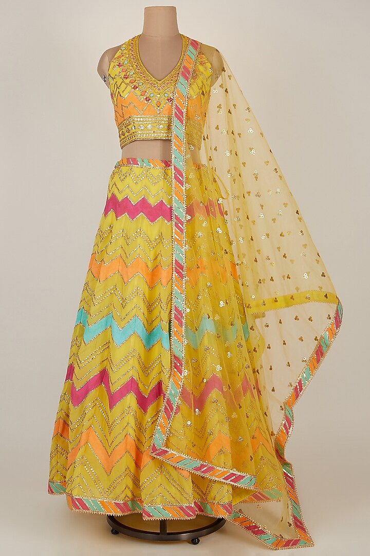 Yellow Zig Zag Embroidered Wedding Lehenga Set by GOPI VAID at Pernia's Pop Up Shop