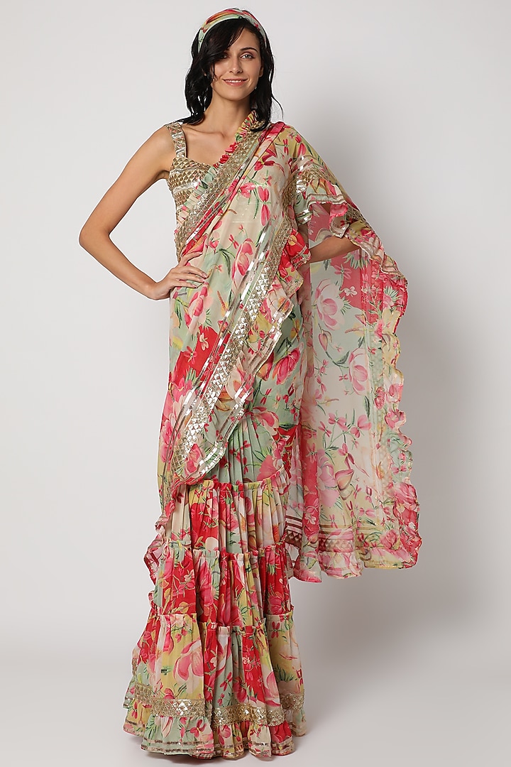 Multi Colored Cotton Silk Floral Printed Saree Set by GOPI VAID