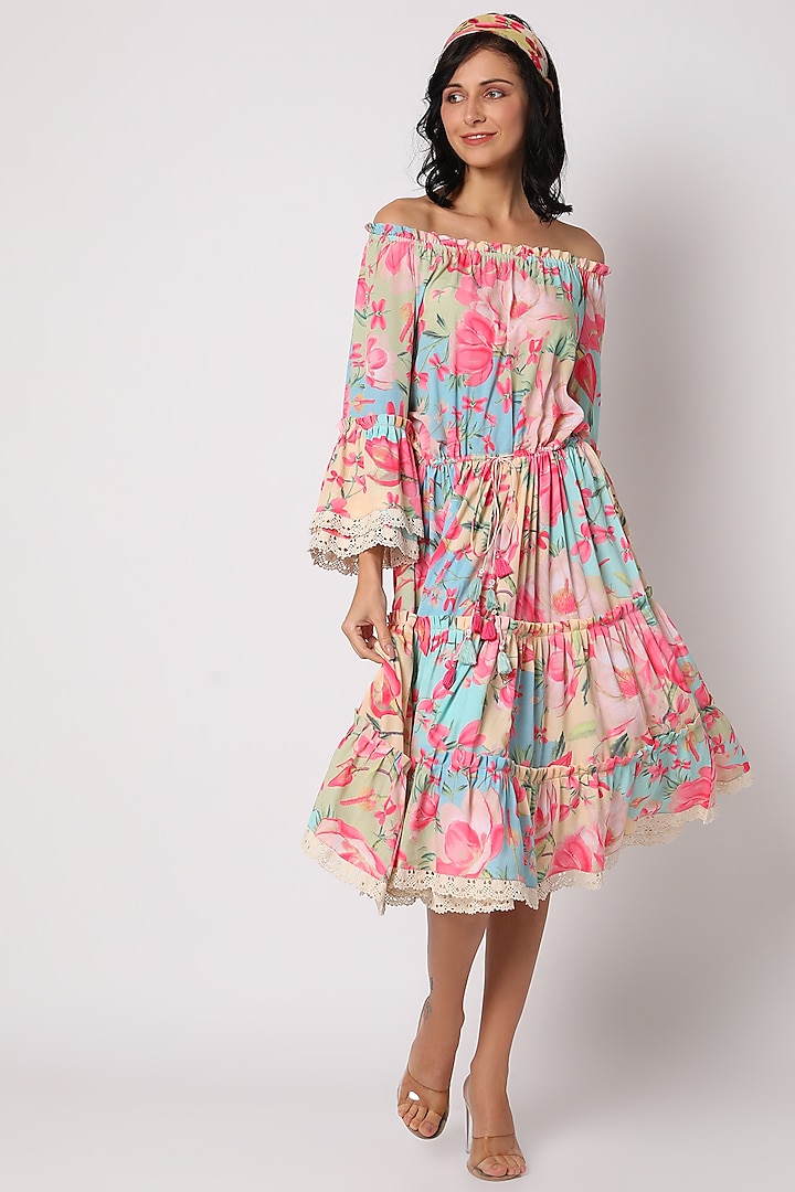Multi Colored Floral Printed Tiered Dress by GOPI VAID