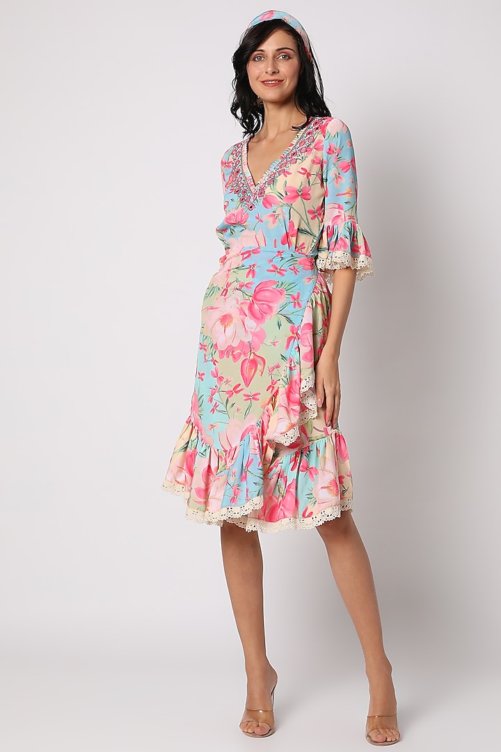 Multi Colored Floral Printed Wrap Dress by GOPI VAID