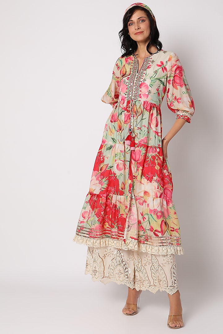 Red Cotton Silk Floral Printed & Embroidered Layered Tunic Set by GOPI VAID