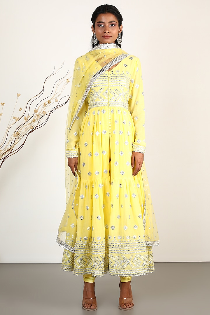 Yellow Embroidered Anarkali Set by GOPI VAID