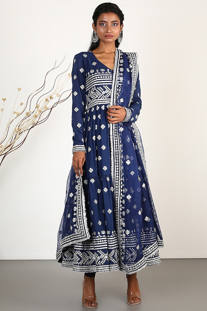 Navy Blue Embroidered Anarkali Set by GOPI VAID