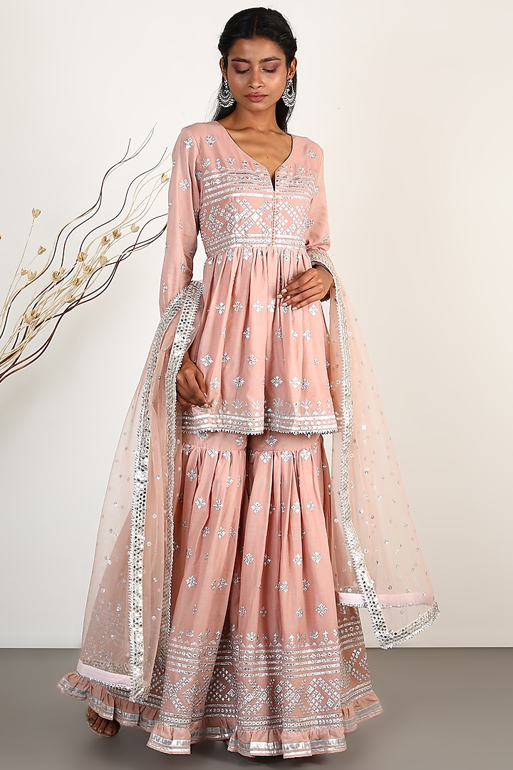 Blush Pink Cotton Silk Embroidered Gharara Set by GOPI VAID