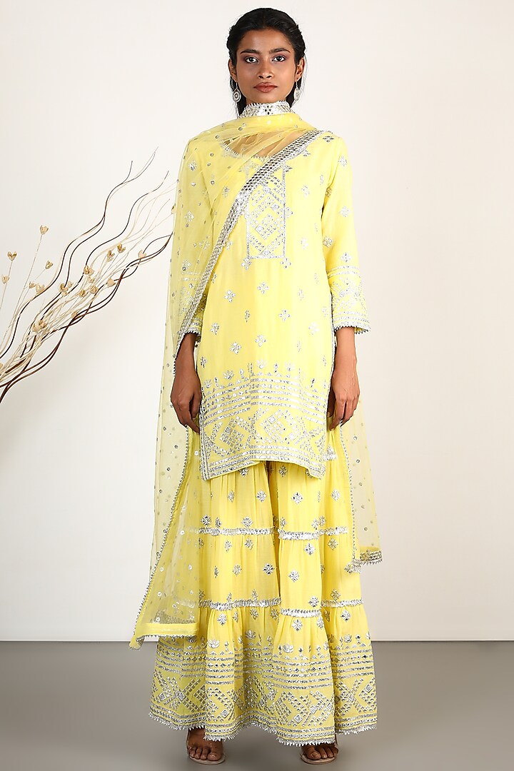 Yellow Cotton Silk Embroidered Sharara Set by GOPI VAID
