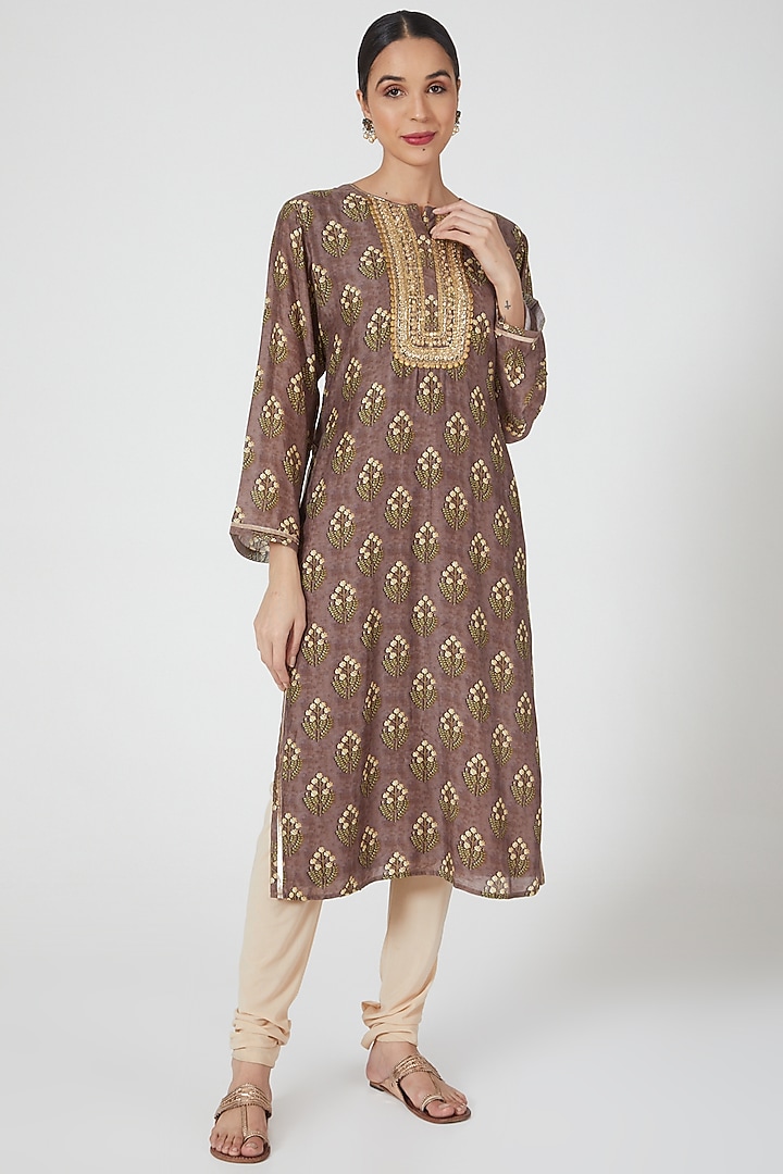 Brown Embellished Tunic by GOPI VAID at Pernia's Pop Up Shop