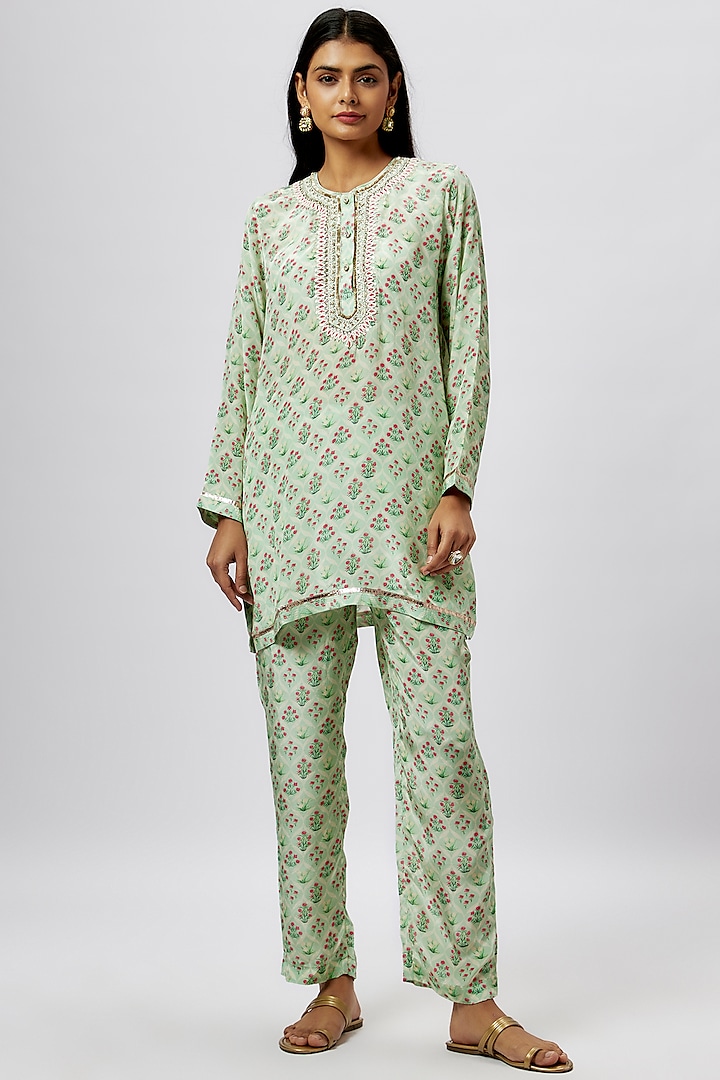Green Cotton Silk Printed Co-ord Set by GOPI VAID