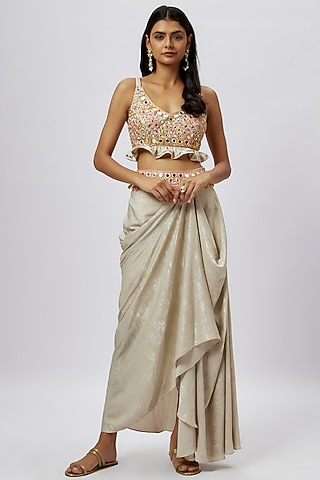 Grey Shimmer Draped Skirt Set by GOPI VAID