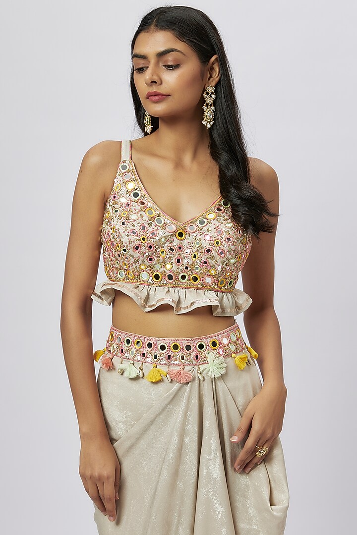Grey Shimmer Draped Skirt Set by GOPI VAID at Pernia's Pop Up Shop