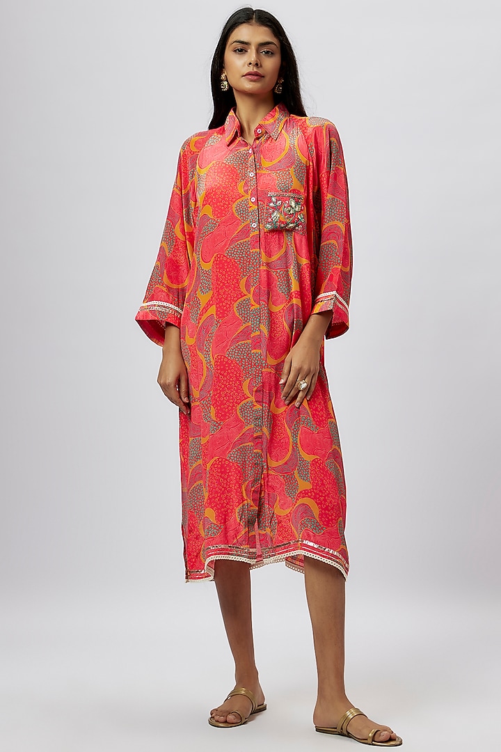 Red Cotton Silk Multi-Colored Shirt Tunic by GOPI VAID