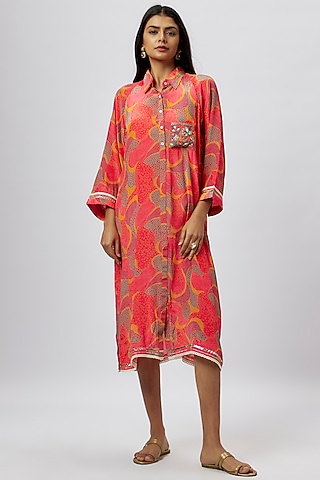 Red Cotton Silk Multi-Colored Shirt Tunic by GOPI VAID