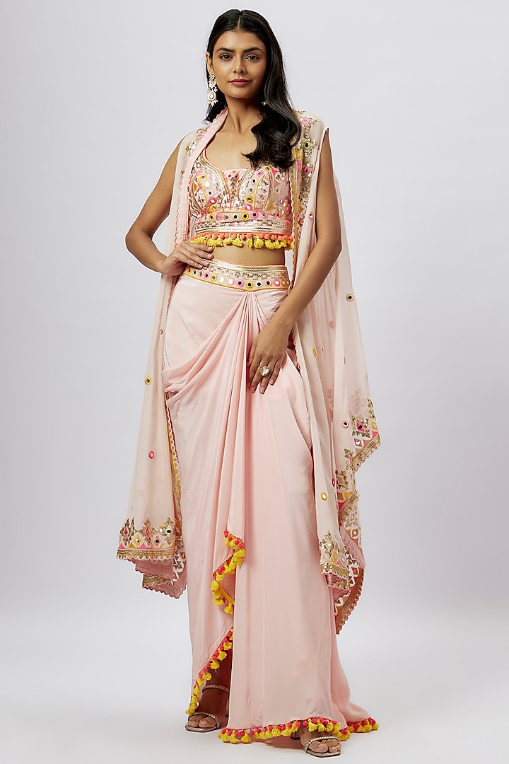 Pink Georgette Thread & Mirror Embroidered Cape Set by GOPI VAID