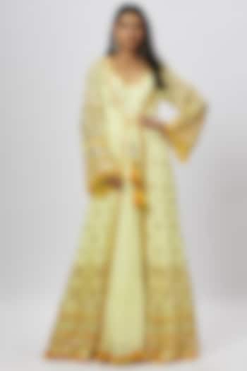 Yellow Georgette Mirror & Thread Embroidered Jacket Set by GOPI VAID