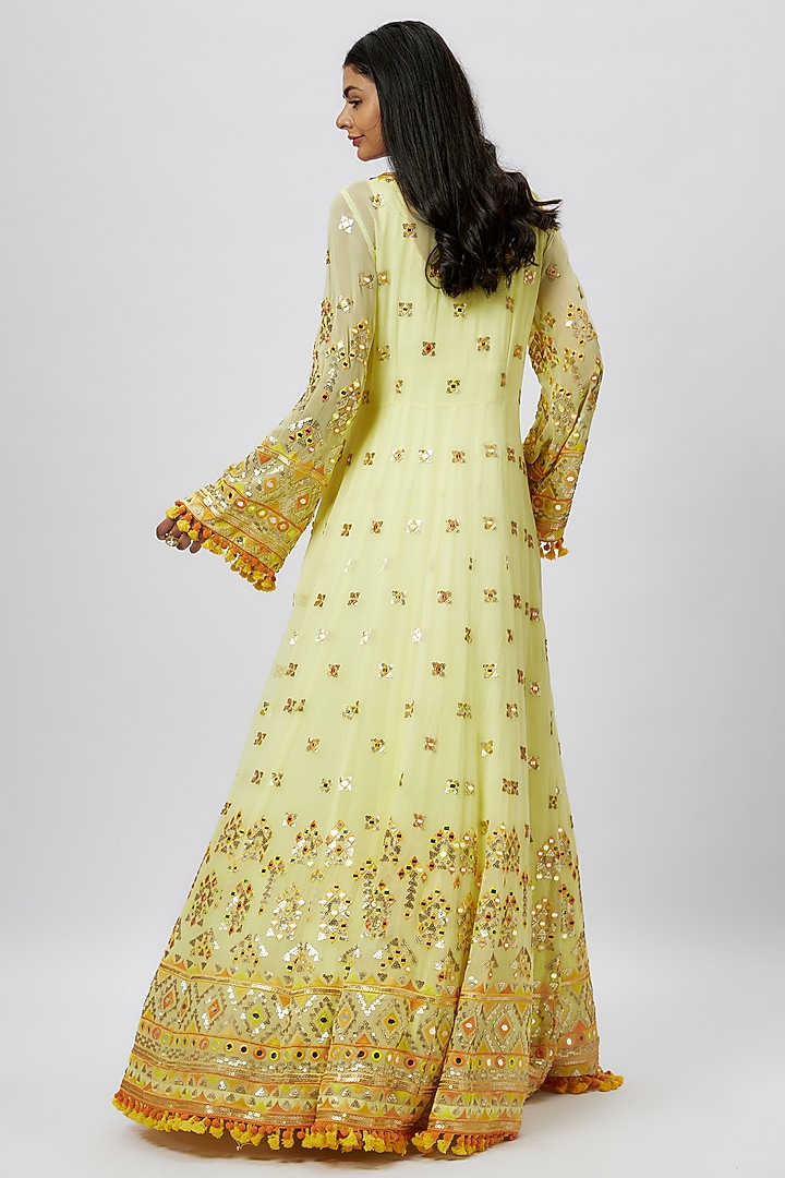 Yellow Georgette Mirror & Thread Embroidered Jacket Set by GOPI VAID at Pernia's Pop Up Shop