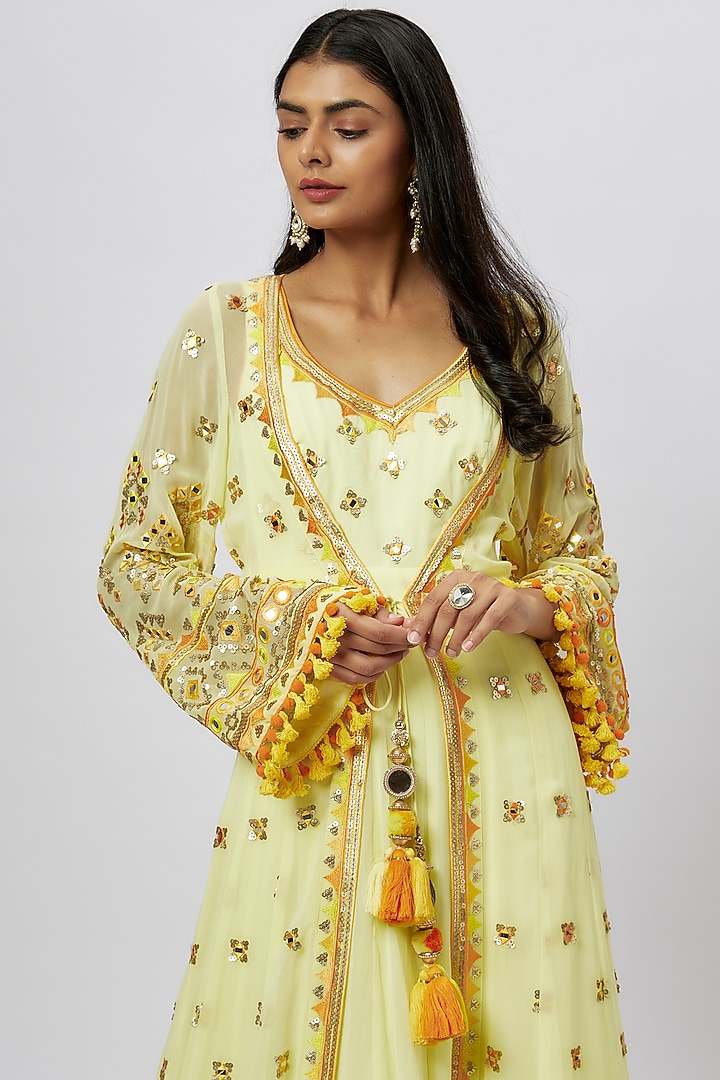Yellow Georgette Mirror & Thread Embroidered Jacket Set by GOPI VAID at Pernia's Pop Up Shop