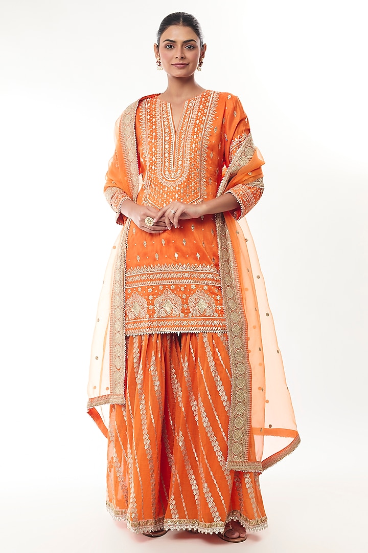 Orange Chanderi Gota Embroidered Gharara Set by GOPI VAID at Pernia's Pop Up Shop