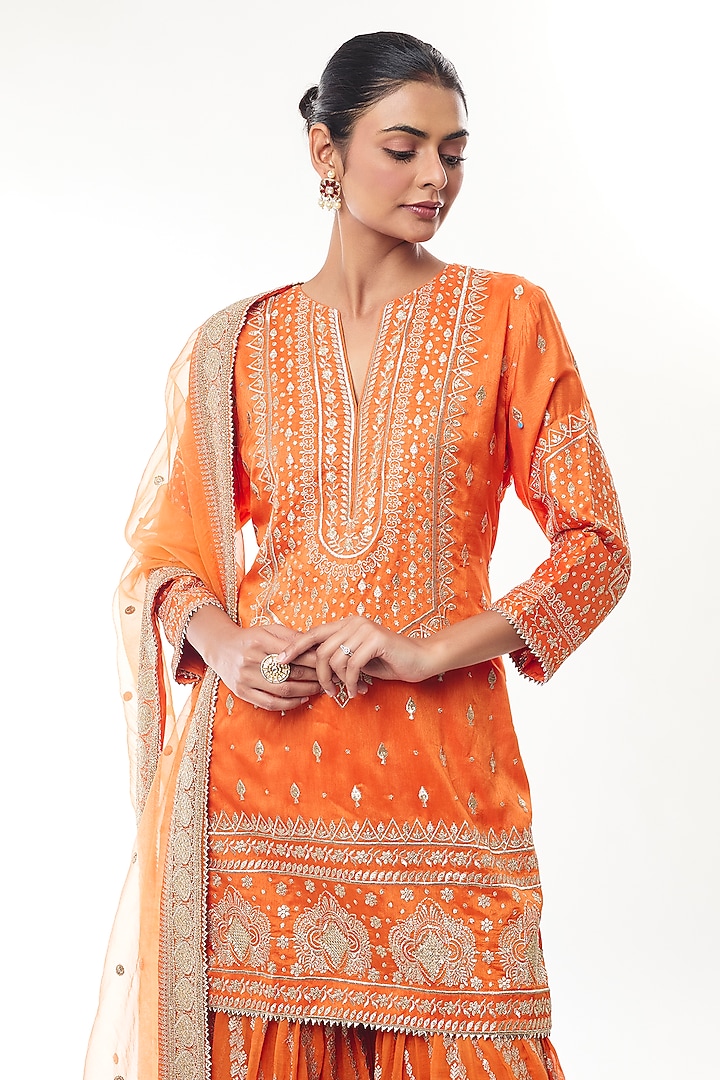 Orange Chanderi Gota Embroidered Gharara Set by GOPI VAID at Pernia's Pop Up Shop