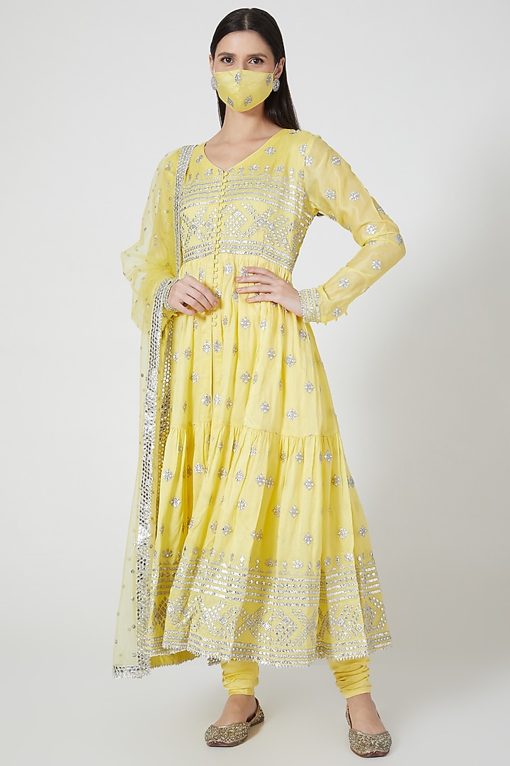 Yellow Embellished Anarkali Set by GOPI VAID