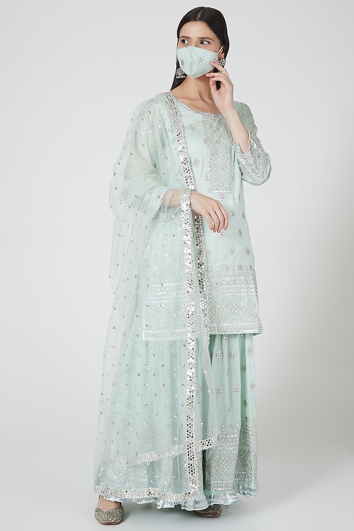 Mint Green Cotton Silk Mirror & Applique Embellished Gharara Set by GOPI VAID