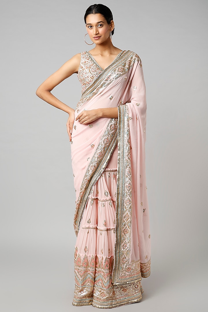 Pink Embroidered Pre-Stitched Wedding Saree Set by GOPI VAID at Pernia's Pop Up Shop