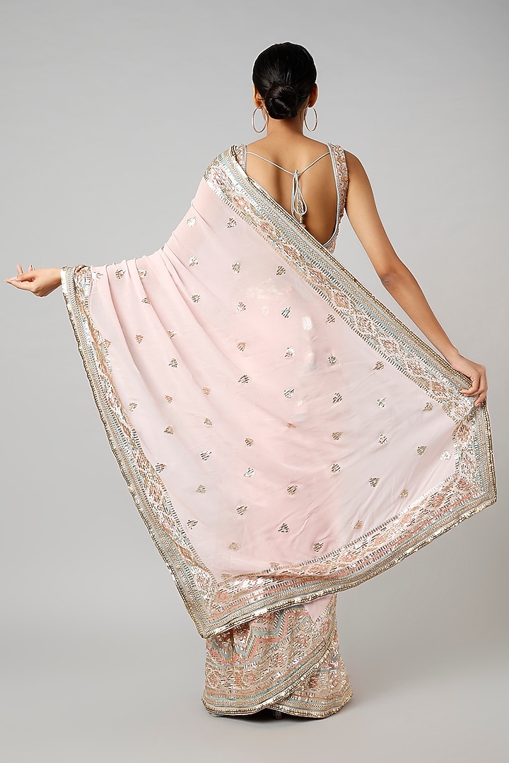 Pink Embroidered Pre-Stitched Wedding Saree Set by GOPI VAID at Pernia's Pop Up Shop