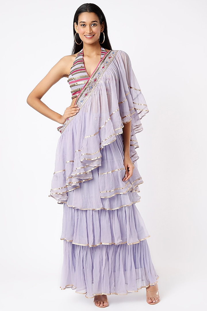 Lilac Chiffon Frilled Wedding Saree Set by GOPI VAID at Pernia's Pop Up Shop