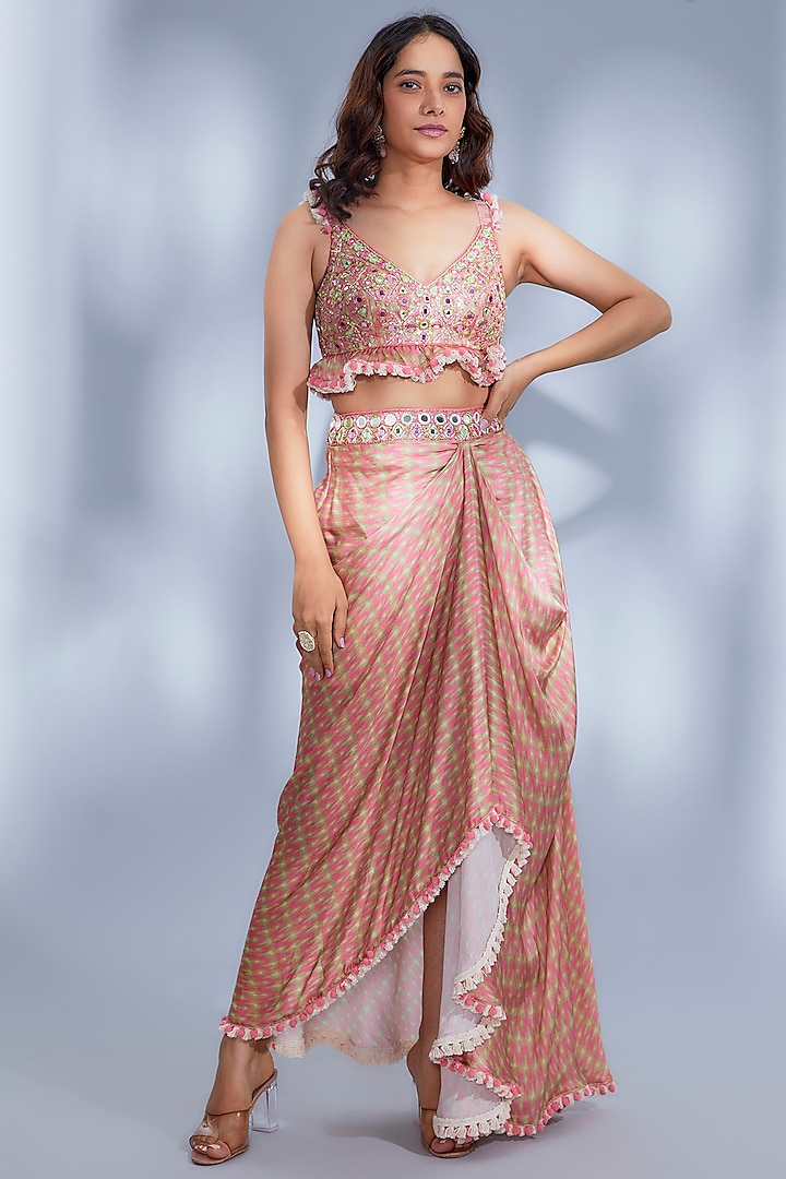 Pink Satin Printed Skirt Set by GOPI VAID