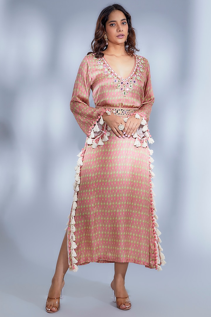 Pink Satin Printed & Embroidered Dress by GOPI VAID