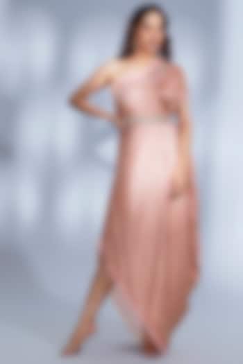 Pink Satin Printed One-Shoulder Dress by GOPI VAID