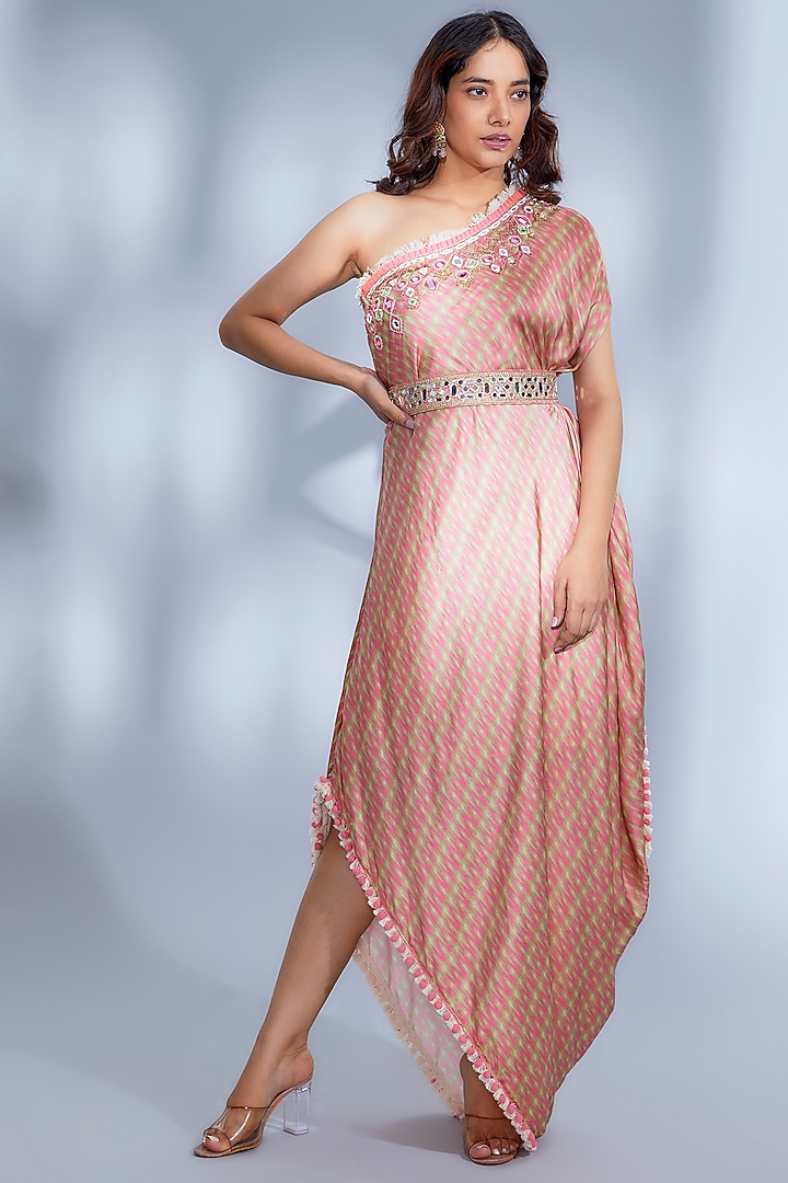 Pink Satin Printed One-Shoulder Vacation Dress by GOPI VAID at Pernia's Pop Up Shop