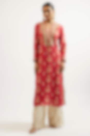 Red Cotton Silk Hand & Machine Embroidered Kurta by GOPI VAID at Pernia's Pop Up Shop