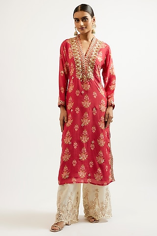 Red Cotton Silk Hand & Machine Embroidered Kurta by GOPI VAID