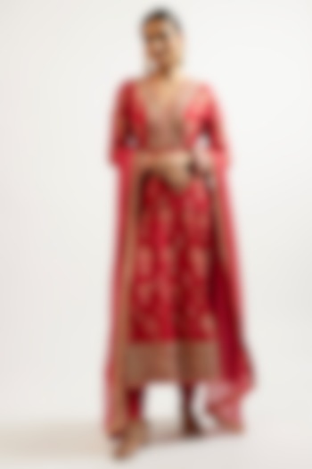 Red Cotton Silk Hand & Machine Embroidered Wedding Anarkali Set by GOPI VAID at Pernia's Pop Up Shop