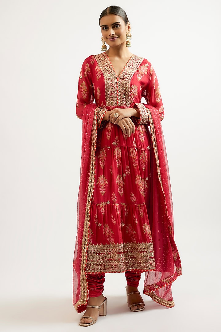 Red Cotton Silk Hand & Machine Embroidered Wedding Anarkali Set by GOPI VAID at Pernia's Pop Up Shop