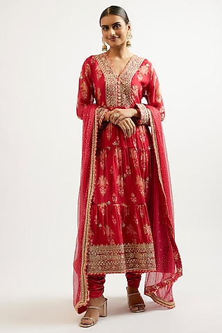 Red Cotton Silk Hand & Machine Embroidered Anarkali Set by GOPI VAID