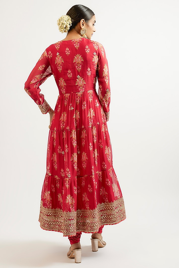 Red Cotton Silk Hand & Machine Embroidered Wedding Anarkali Set by GOPI VAID at Pernia's Pop Up Shop