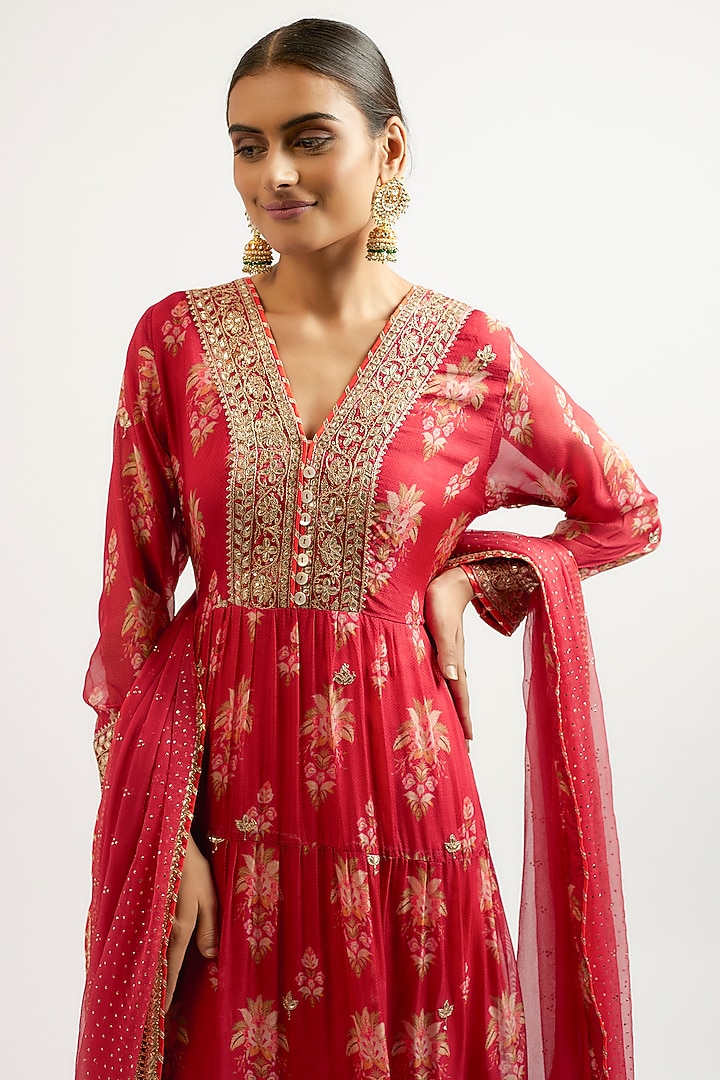 Red Cotton Silk Hand & Machine Embroidered Wedding Anarkali Set by GOPI VAID at Pernia's Pop Up Shop