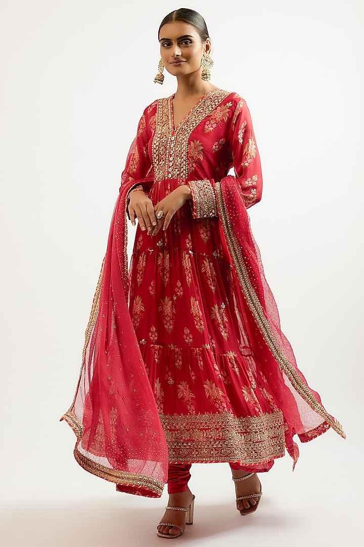 Red Cotton Silk Hand & Machine Embroidered Wedding Anarkali Set by GOPI VAID at Pernia's Pop Up Shop