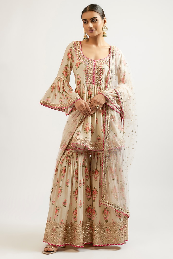 Ivory Cotton Silk Hand & Machine Embroidered Wedding Sharara Set by GOPI VAID at Pernia's Pop Up Shop