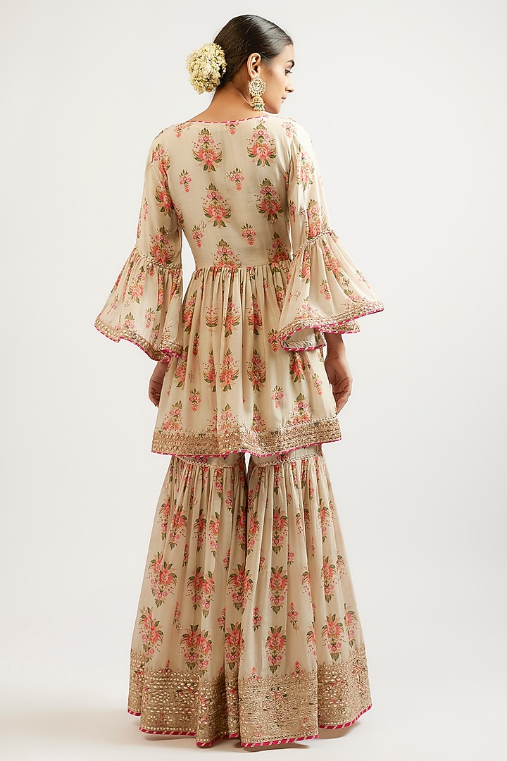 Ivory Cotton Silk Hand & Machine Embroidered Wedding Sharara Set by GOPI VAID at Pernia's Pop Up Shop