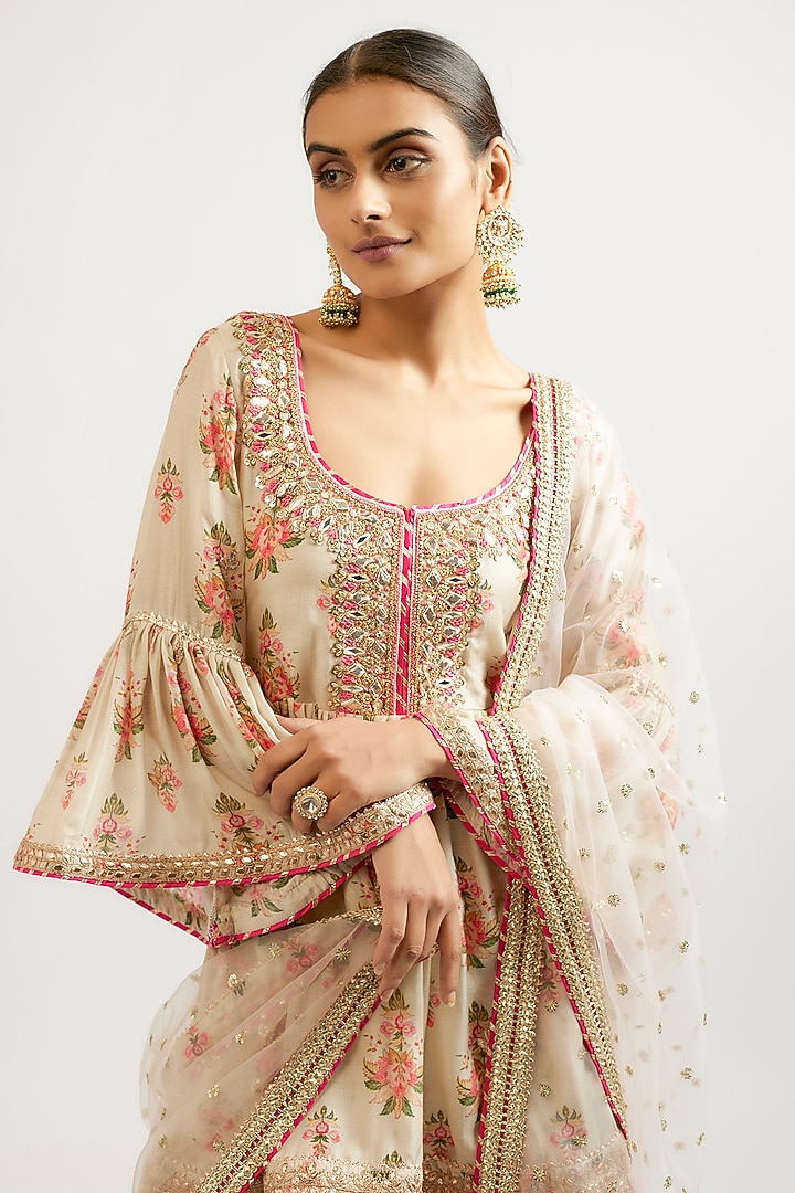 Ivory Cotton Silk Hand & Machine Embroidered Wedding Sharara Set by GOPI VAID at Pernia's Pop Up Shop