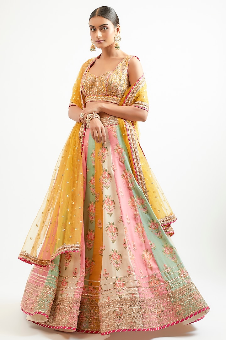 Multi-Colored Cotton Silk Hand & Machine Embroidered Wedding Lehenga Set by GOPI VAID at Pernia's Pop Up Shop