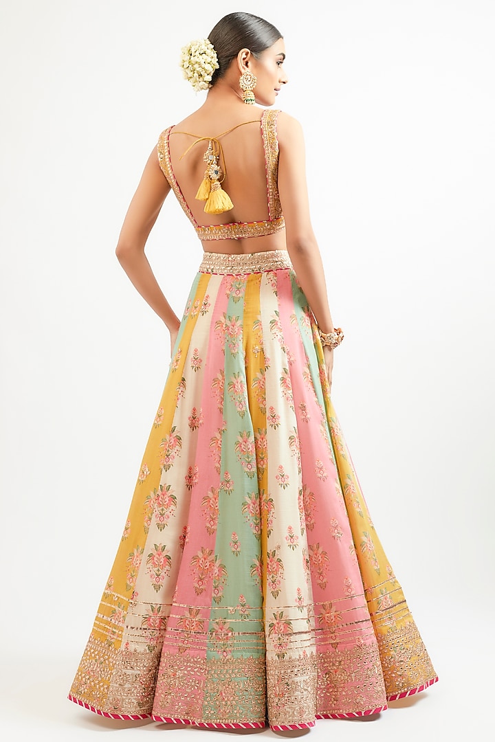 Multi-Colored Cotton Silk Hand & Machine Embroidered Wedding Lehenga Set by GOPI VAID at Pernia's Pop Up Shop