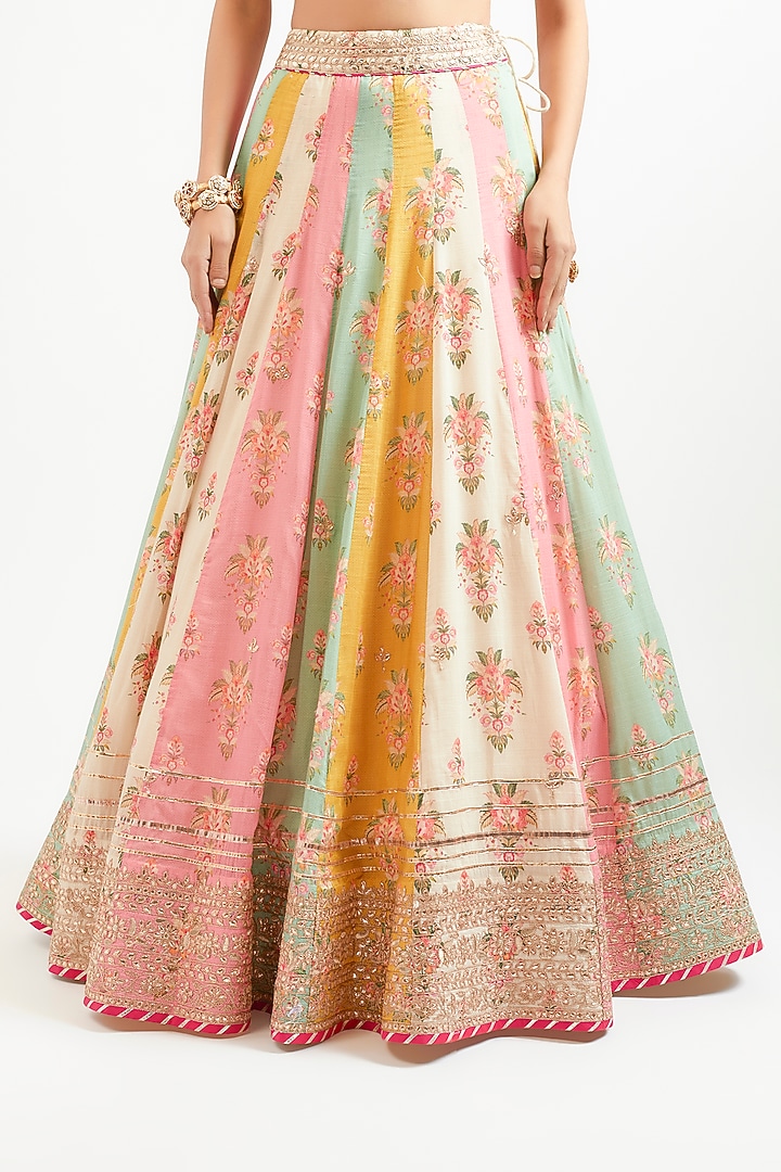 Multi-Colored Cotton Silk Hand & Machine Embroidered Wedding Lehenga Set by GOPI VAID at Pernia's Pop Up Shop