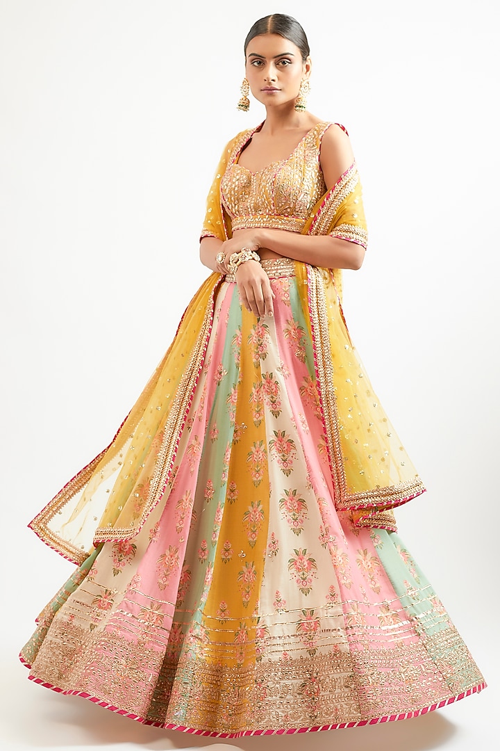 Multi-Colored Cotton Silk Hand & Machine Embroidered Wedding Lehenga Set by GOPI VAID at Pernia's Pop Up Shop