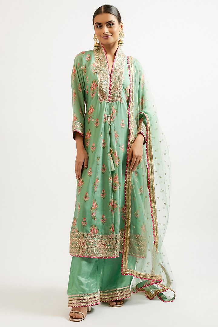 Green Cotton Silk Hand & Machine Embroidered Kurta Set by GOPI VAID at Pernia's Pop Up Shop